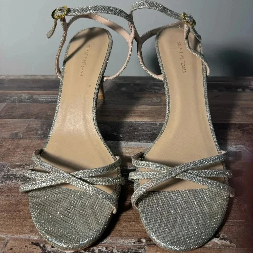Stuart Weitzman Silver Ankle Buckle Strap Heels‎ Women Size 11 Like New